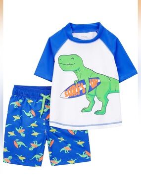 Simple Joys by Carter’s boys Blue Dino Surf Rash Guard Swim Set - Surf's Up